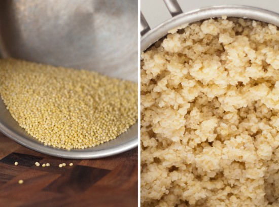 millet, dried and cooked